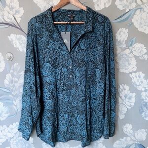 NWT Rock & Republic Rose Print Button-Up Blouse XXL Teal Black WhimsiGoth